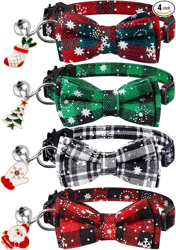 LLHK 4 Pack Christmas Cat Collars with Bow Tie and Bell,Breakaway Kitten Collar for Girl Boy Cats,Adjustable 7-12inch, for Kitty Kitten Adult Cats,Pet Supplies,Stuff,Accessories
