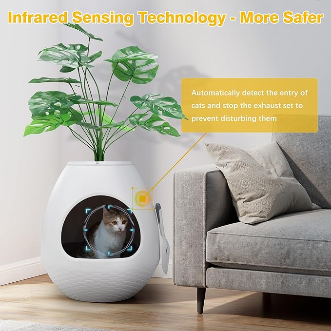 Eggloa6 Extra Large Hidden Litter Box with Plant Décor – Premium Litter Box Furniture with Smart Odor Control, 3PCS Cat Litter Box Liners for Ultimate Comfort and Cleanliness (White)
