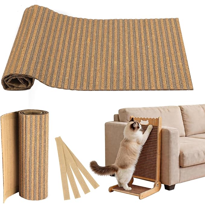 Natural Cork Cat Scratcher Mat with NO Preapplied Adhensive, Bonus 118inch Hook-Loop Tape. Cat Scratching Toy DIY, Replacement for Cat Tree, Post, Ramp and Wall Shelves (Oak Wood, 39.4 x 11.8 Inch)