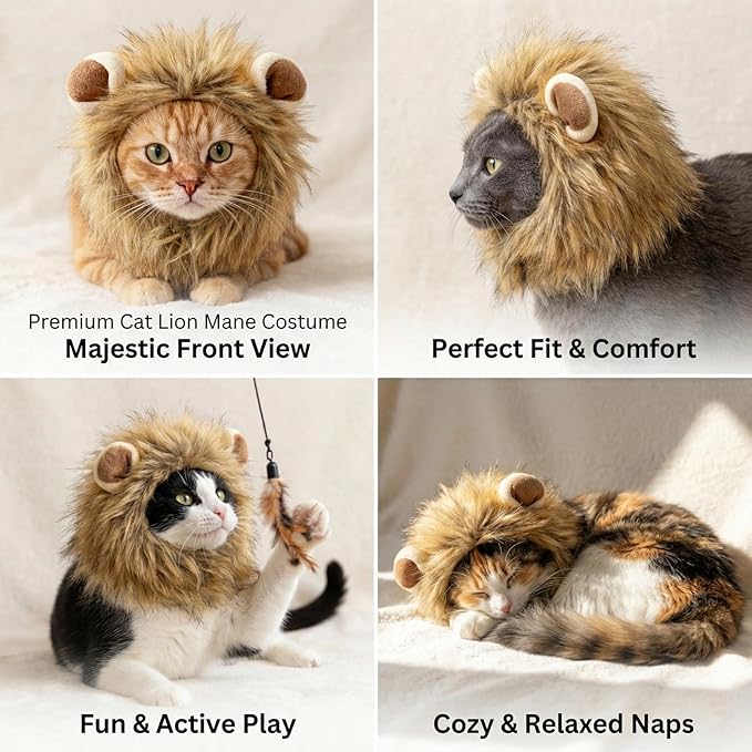 Adjustable Lion Mane Wig Pet Costume for Cats, Soft Halloween Cat Clothing with Secure Fit, Comfortable Polyester Feline Apparel for Parties, Fun Photo Sessions with Adorable Cat Costumes (Size M)