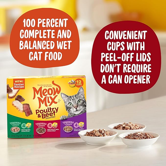 Meow Mix Tender Favorites Poultry & Beef Variety Pack, Wet Cat Food, 2.75 oz Cup (24 Pack)