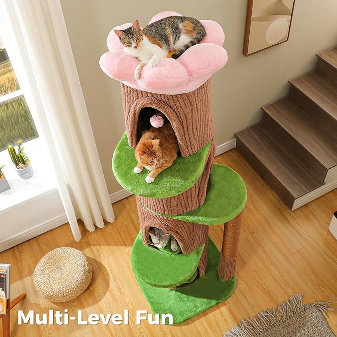 MUTTROS Forest Cat Tree Tower with 4 Condos, 68.5" Tall Cat Tower with Flower Top Bed & Thick Scratching Post (φ3.8in) – Large Heavy Duty Tree that Looks Like a Tree for Indoor & Multi-Cat Households