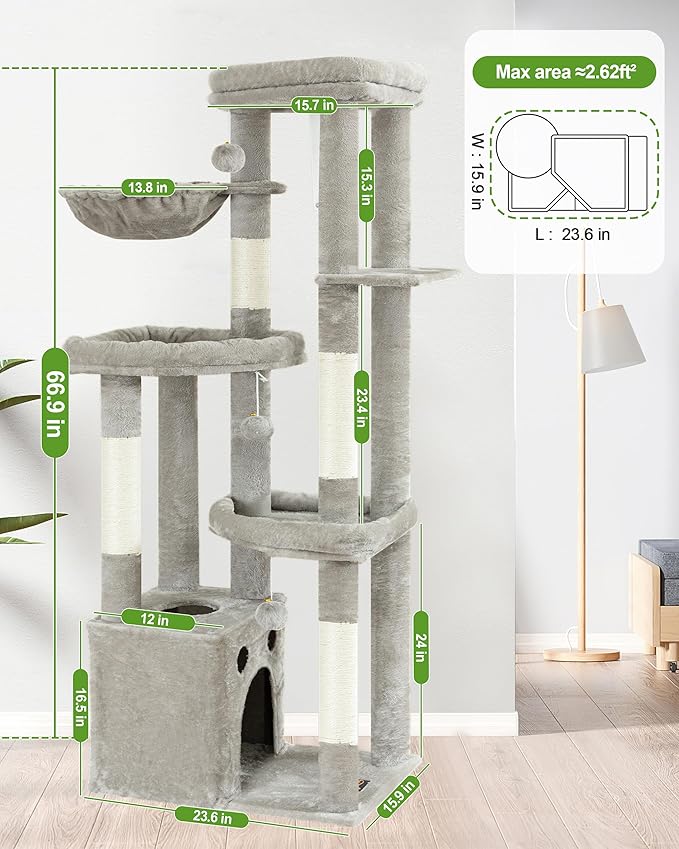 Cat Tree Tower for Indoor Cats, 67 inch Multi-Level Tall Climbing Tower with 3 Large Platform, Scratching Post, Hammock, Kitty Condo for Multiple Cats, Modern Cat Tree Furniture Heavy Duty, Light Grey