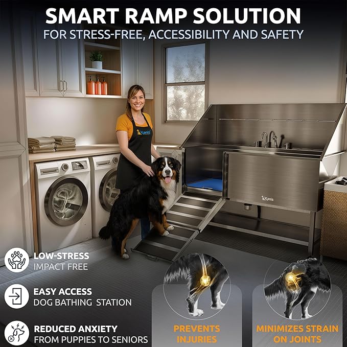 KANIS Professional Dog Washing Station 304 Stainless Steel Pet Wash Sink & Grooming Bathtub w/Shower, Floor Grates and Storage for Large, Medium & Small Pets (Silver, 61 Inches, Left Ramp, Shelf)