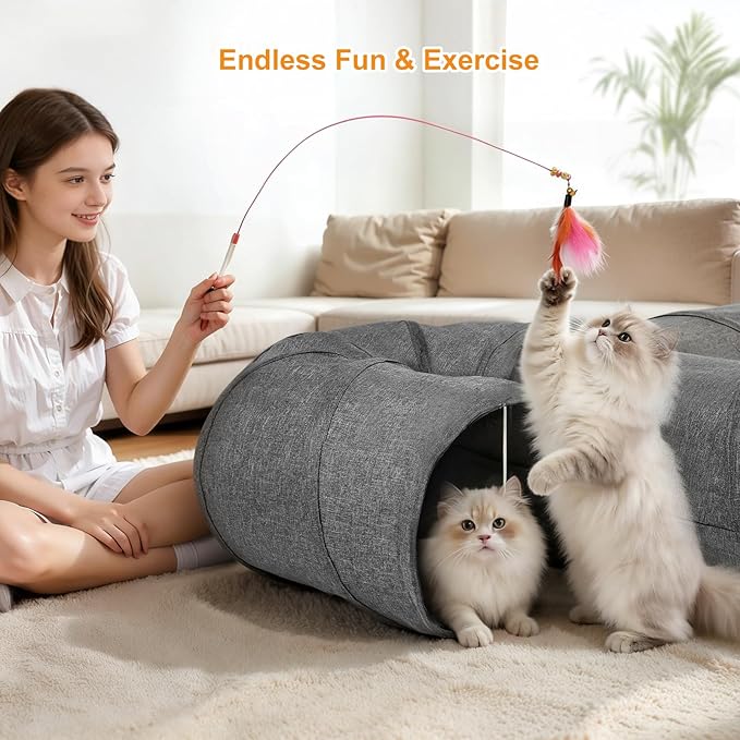 Ownpets Cat Tunnel 12 Inches in Diameter Larger Pet Tunnel Tube with Plush Ball & Feather Toy, U-Shaped Cat Play Tunnel for Big Cat, Puppy and Rabbits