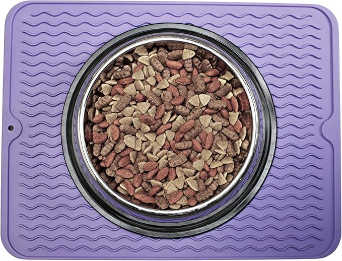 Silicone Pet Feeding Mat for Dogs, Cats, Small Animals, Non-Slip Waterproof Food and Water Mat with Raised Edge, BPA-Free Convenient Hook Storage by Dependable Industries (Purple, 12 x 16 inch)