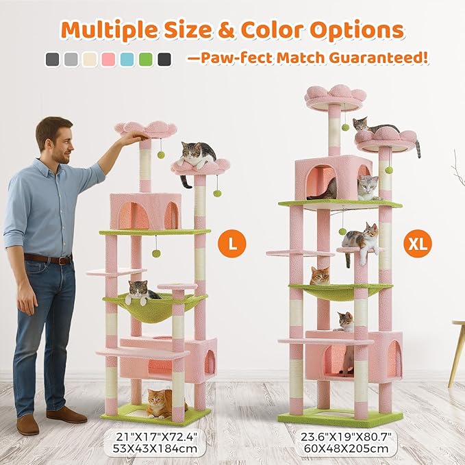 PAWZ Road Flower Cat Tree, 72 Inches Large Cat Tower with Steel Frame Hammock and 7 Scratching Posts, Tall Cat Tree with 2 Condos and Perches for Large Indoor Cats - Pink