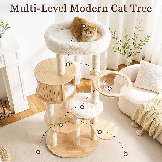 Solid Wood Cat Tree Tower with Scratching Post, 61 inch Multi-Level Cat Towers with Large Soft Cloud-Like Bed, Modern Cat Tower with Wood Spacious Condo with Removable Cushion for Indoor Cats