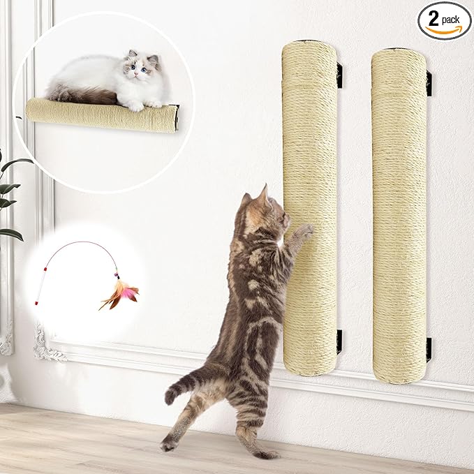 Wall Mounted Scratching Post for Cats 16 Inches Sisal Rope Cat Wall Scratcher Posts 2 Pack of Wall Mount Cat Furniture for Indoor Kittty to Scratch and Climbing with Feather Toys