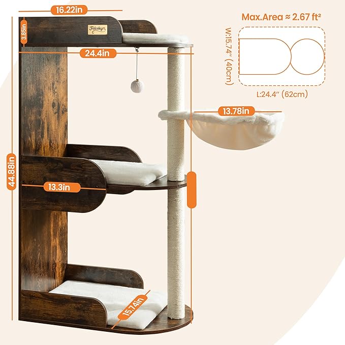 Modern Wood Cat Tree Tower for Indoor Large Cats, Cat Scratching Posts with Big Perch Bed, 44.8" Tall Multi-Level Wooden Cat Condo with Hammock, Removable Pads, Kitty Furniture, Rustic Brown