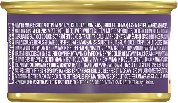 Purina Fancy Feast Grilled Wet Cat Food Beef Feast in Wet Cat Food Gravy - (Pack of 24) 3 oz. Cans