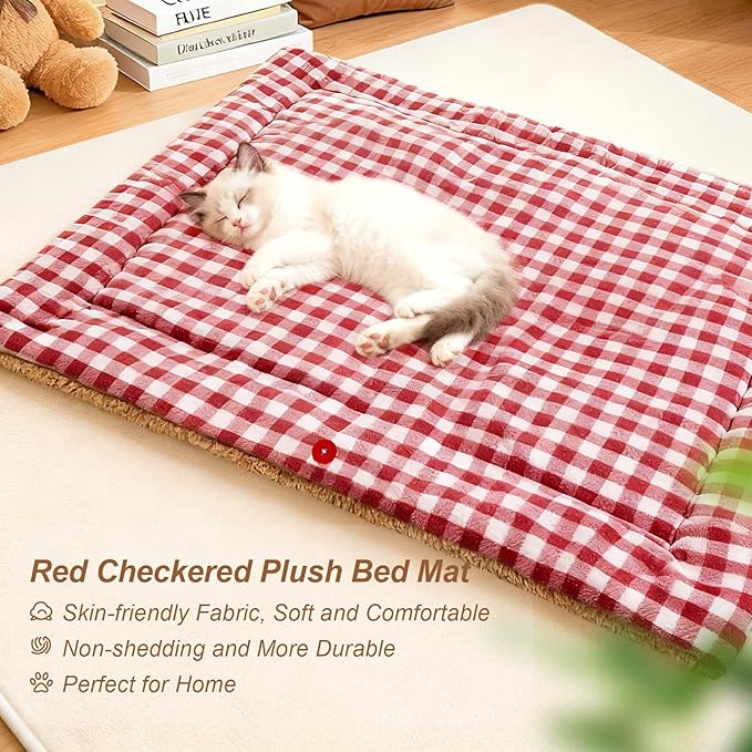 Jiupety Cat Bed for Indoor Self Warming Cat Bed Mat Ultra-Soft Plaid Dog Beds Machine Washable Pet Bed,Multifunction Folding Pet Blanket for Small Dogs and Cats Red,30X23In