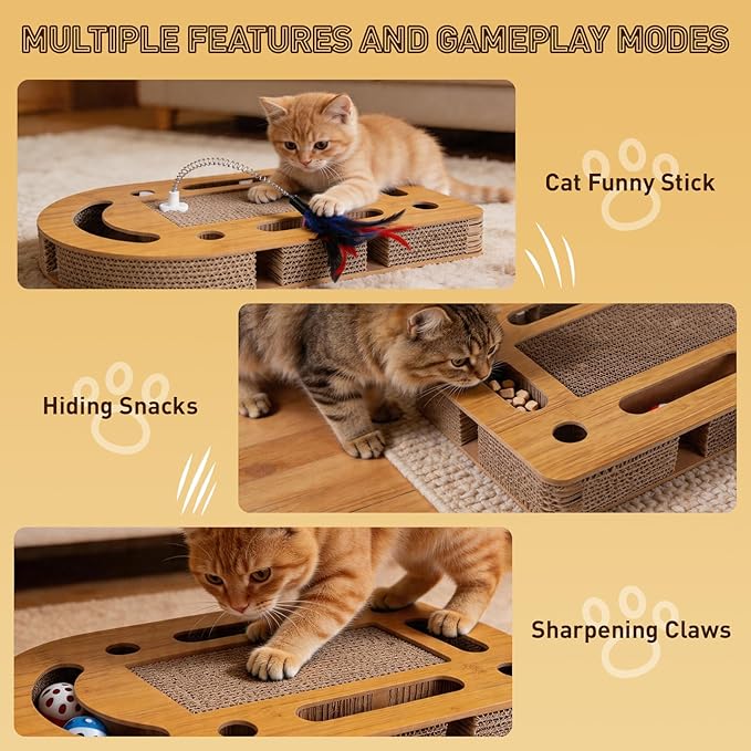 OHMU Cat Scratch Puzzle Enrichment Box, Cat Nail File Enrichment Box, Wooden Cat Puzzle Toy with Jingle Balls, Wands, Cleaning Brush for Indoor Cats