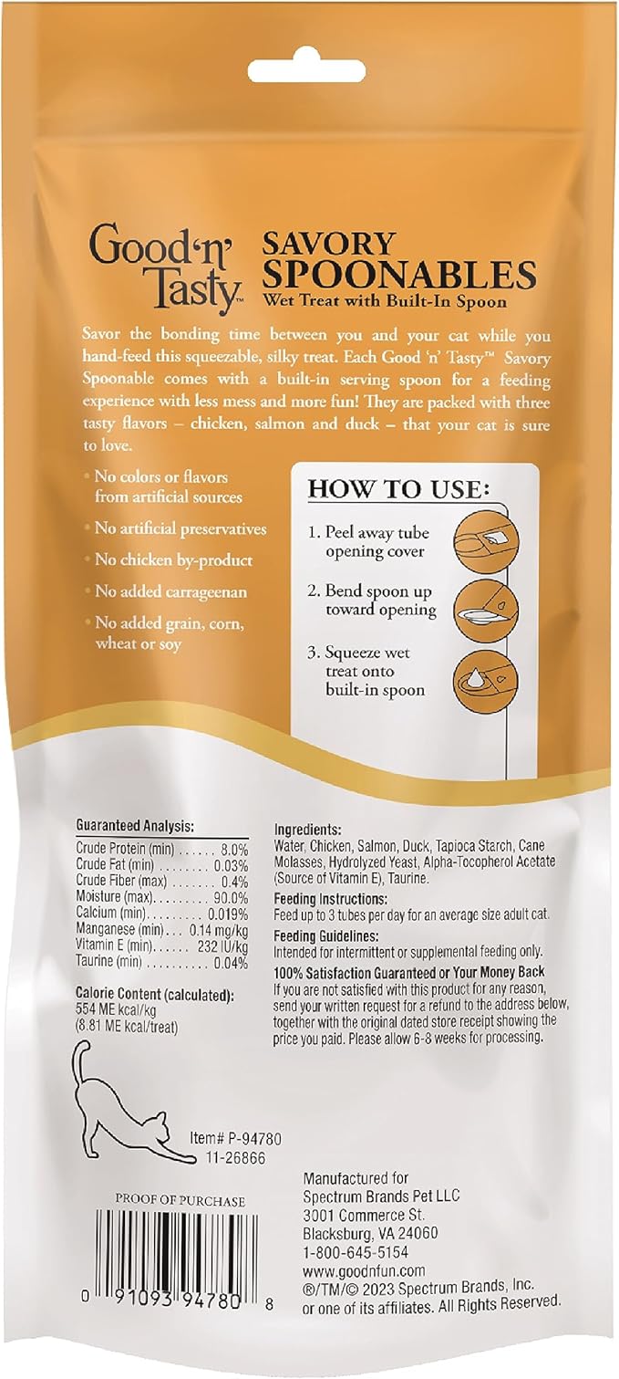 Good ‘n’ Tasty Savory Spoonables with Real Chicken, Salmon & Duck, 6 Count Tube, Triple Flavor Squeezable Lickable Wet Treats for Cats with Built-in Spoon for Less Mess (Pack of 2)