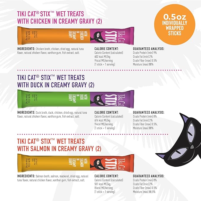 Tiki Cat Stix Mousse Treats, Single Serve Indulgent Lickable Treat or Dry Food Topper, Variety Pack with Salmon, Chicken, and Tuna, 3 oz. Pouch