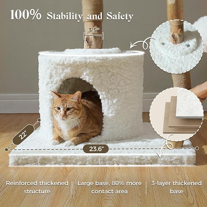 MUTTROS 59" Modern Cat Tree Tower for Large Cats w/2 Flower Perches-Natural Solid Wood Scratching Post with Real Branch-Luxury Boho Cat Furniture w/Condo & Wicker Basket Bed, Cloud White