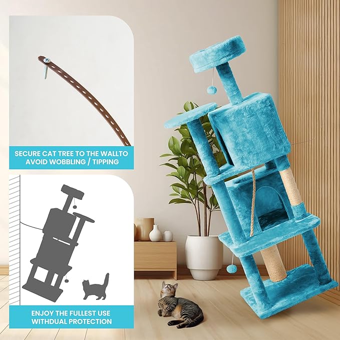 59in Large Cat Tree Tower for Indoor Cats with Soft Plush Hang Ball, Two Condos, Sisal Scratch Posts & Rope Play for Kittens/Adult Cats, Blue