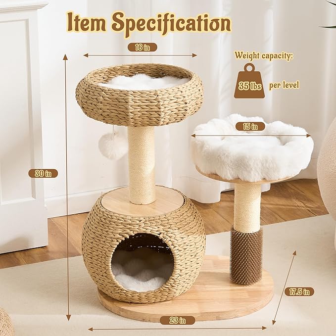 Modern Cat Tree Tower for Indoor Cats, 30" Solid Wood & Rattan Cat Tree Tower with Scratching Posts & Self-Groomer, Super Soft Plush Bed, Hand-Made Wicker Cat Bed Cave for Small to Medium Cats