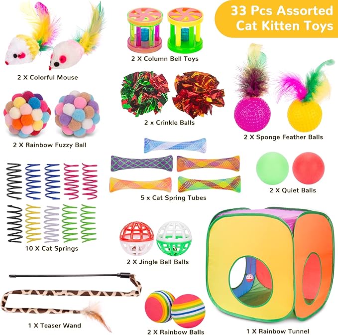 Retro Shaw Cat Toys Pack 33Pcs, Interactive Kitten Toys for Indoor Kittens Cats, Collapsible Kitty Play Tunnel Tent Feather Wand Balls Bell Springs Mouse Kitty Toys for All Breeds (Large Tunnel)