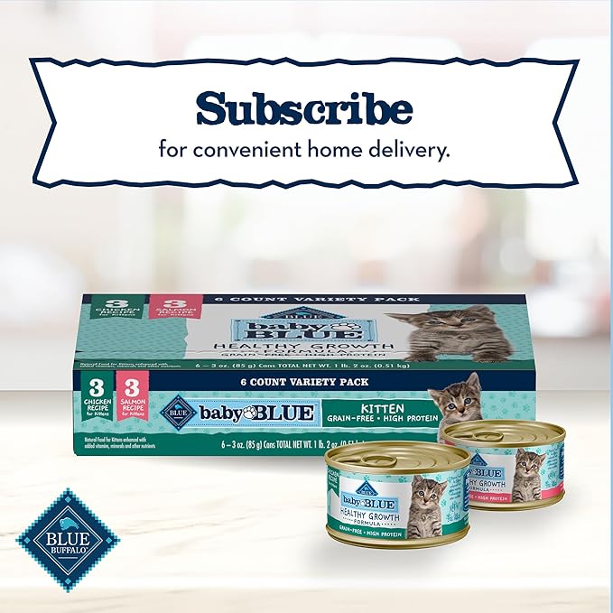 Blue Buffalo Baby Blue Natural Kitten Wet Cat Food Paté Variety Pack, Healthy Growth Formula with DHA, High-Protein & Grain-Free, Chicken and Salmon Recipes, 3-oz Cans (6 Count, 3 of Each)