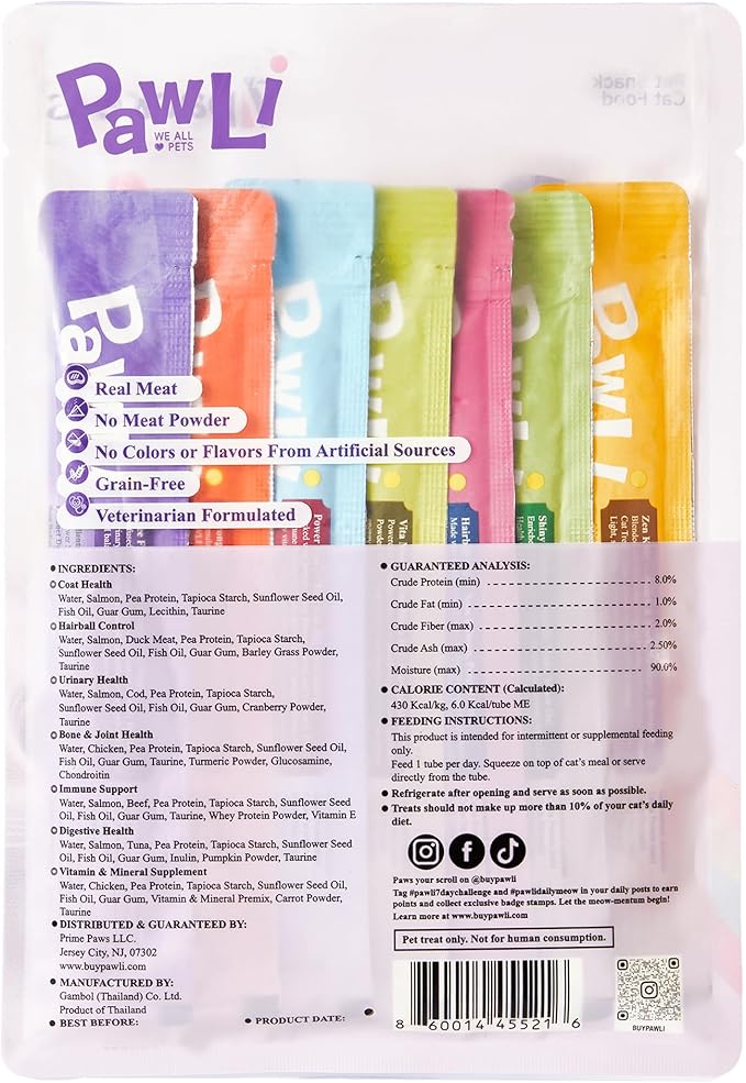 PAWLI 7-in-1 Functional Lickable Cat Treats Variety Pack, Squeeze Cat Treats for Skin Coat, Hairball, Digestive, Urinary & More, Grain-Free Cat Snacks, 7 Count 7 Flavors (3.5 oz Total)