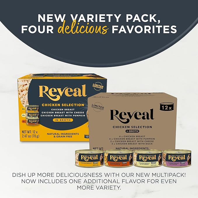Reveal Natural Wet Canned Cat Food, 4-Flavor Variety Pack, Limited Ingredient, Grain Free, High Protein with No Artificial Additives, Chicken Variety in Broth (12 x 2.47 oz Cans)