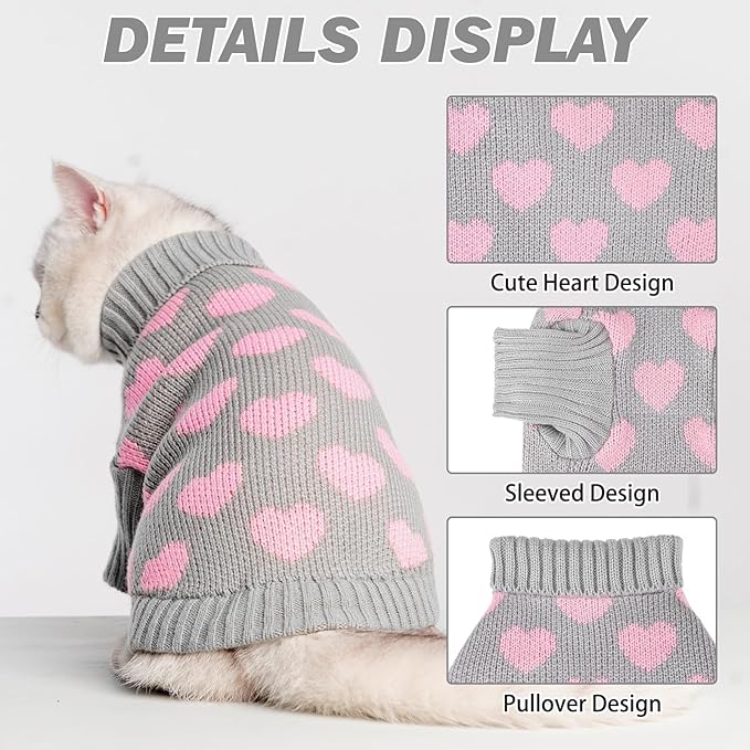 KOOLTAIL Cat Sweater - Valentine's Day Outfit with Hear Love Pattern Cold Weather Soft Warm Knit Turtleneck Clothes for Cats Kitten Small Dogs Puppy Greay S