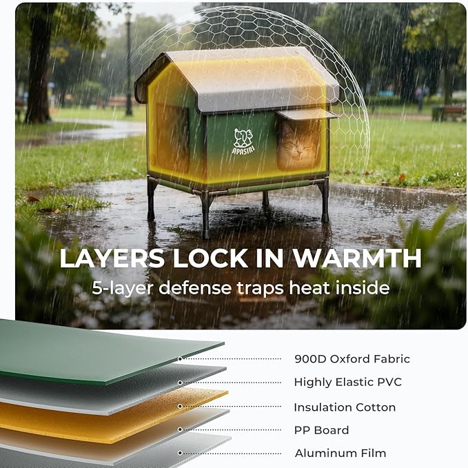 Outdoor Cat House Weatherproof – Insulated Feral Cat Shelter with Heating Pad, Water Resistant 900D Oxford, Anti-Peep Curtains & Escape Door, Elevated Design for All Seasons, Small