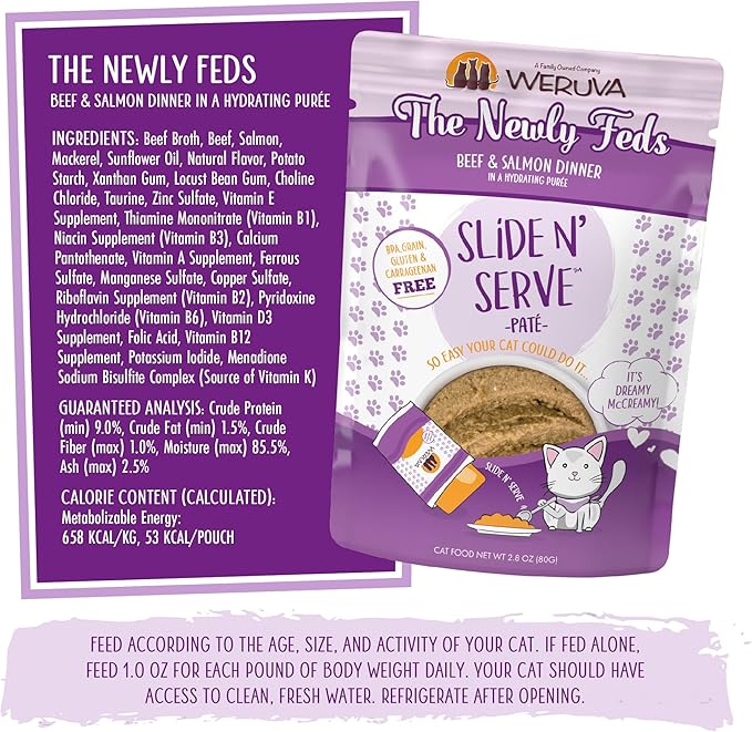 Weruva Wet Cat Food, The Newly Feds with Beef and Salmon Pate, 2.8oz Slide N Serve Pouch, Pack of 12