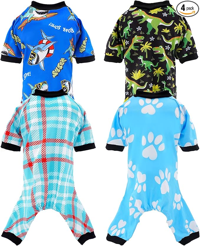 PET SHOW 4 Pack Small Dog Pajamas for Medium Dogs Boy Dinosaur Shark Soft Stretchy PJs Plaid Jumpsuit Puppy Cats Paw Onesies Outfits with Sleeve Pets Breathable Summer Clothes Costume L