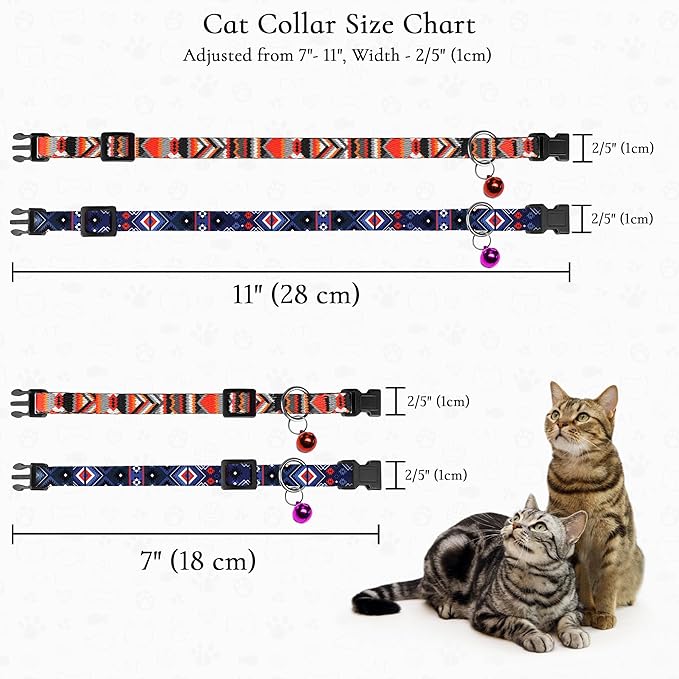 2 Pack Cat Collars with Bell - Breakaway Soft Collar for Girl & Boy Cats, Adjustable Safety Cute Kitten Collars – Comfortable Stylish Patterned Print Design Lightweight (Geometric + Boho)