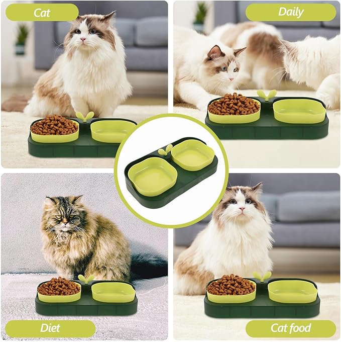 VILLCASE Cat and Dog Double Pet Bowl Set, Plastic Indoor Feeding and Watering Dish, Non-tip Food and Water Bowls with Stand, Dark Green, Suitable for Kittens and Small Dogs