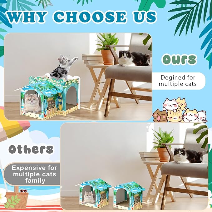 Lineshading 2 Story Cardboard Cat House with Scratcher Pad, Multi Level Durable Cat Scratcher House for Small Kitten Bunny Rabbit Animals Christmas Birthday Gift(17x12x10,Hawaii)
