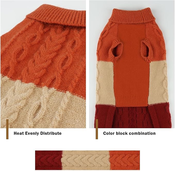 Dog Knitted Turtleneck Sweater - Dog Warm Pullover Color Block Cable Knitwear, Doggie Winter Clothes for Medium Dogs Bulldog, Golden Retriever (Orange, XL)