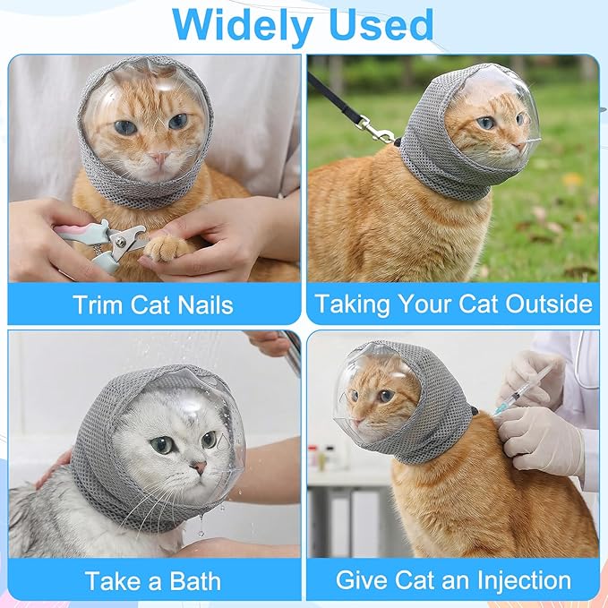 CIATBYYJ Adjustable Cat Muzzle for Grooming, Breathable Cat Pet Head Cover, Transparent Anti-Bite Cats Mask Helmet for Nail Trimming Bathing Vet Visits(S)