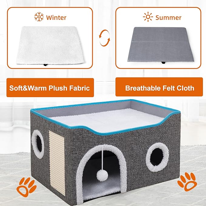 Loyareal Cat Houses for Indoor Cats - Large Cat Bed Cave with Scratch Pad and Fluffy Ball, Foldable Cat Condo Hideaway with Reversible Cushion for Multi Small Pet, Light Grey