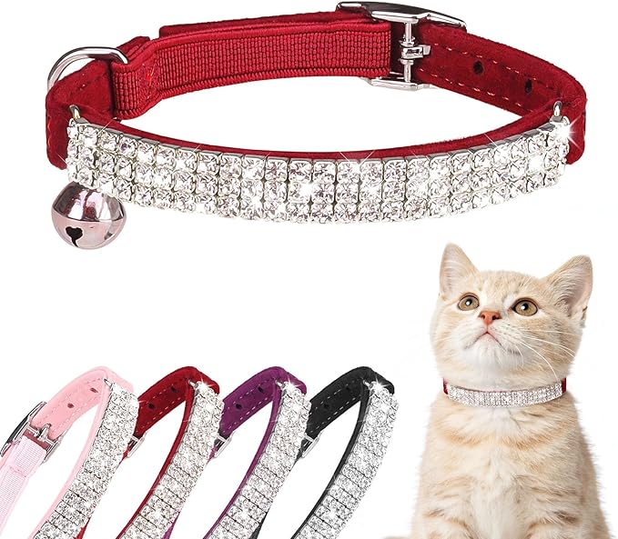 BINGPET Diamond Cat Collar with Bell, Adjustable Soft Velvet Bling Rhinestone Cat Collar, Sparkly Kitten Collar with Safety Elastic & Metal Buckle for Small Medium Cats