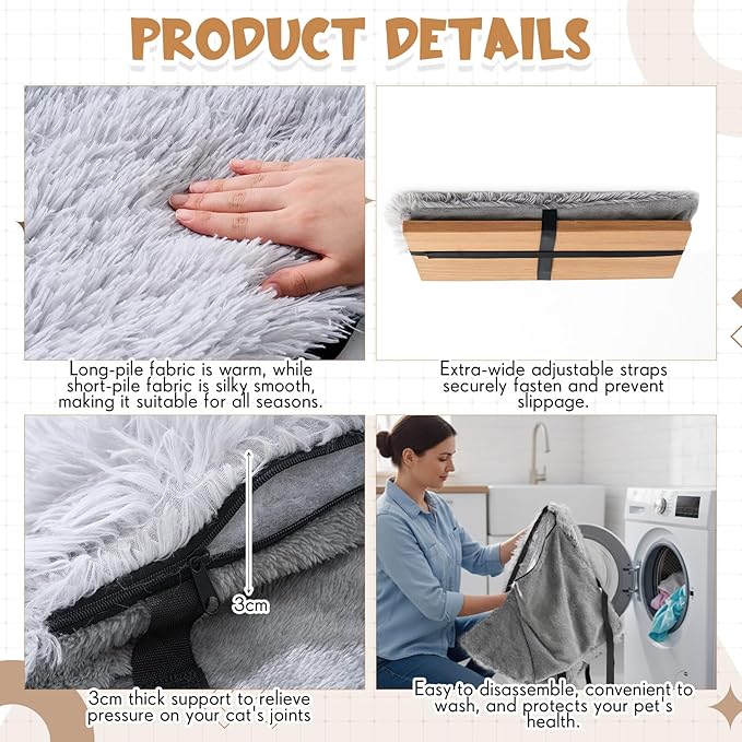 23 x12 Big Fluffy Dog Cat Bed Pad Mat, Refurbish Cat Window Perch Accessory, Double Sided, Easy Fasten & Remove for Indoor Pet Sleep Cushion, Upholster Pet Furniture