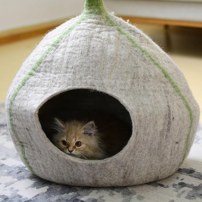 Top Flower Design Felt Cat Cave- Handmade Wool Cat Bed- Premium Pet Furniture