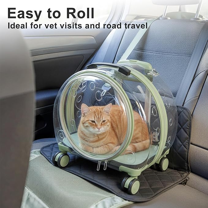 Hard Shell Cat Carrier with Wheels, Rolling Cat Travel Carrier with Telescoping Handle, Transparent Pet Carrier for Cats (Green)