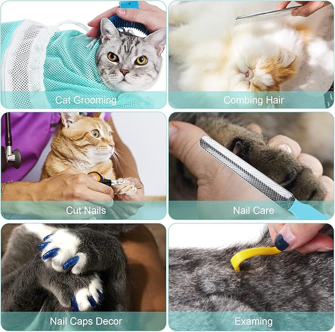 Cat Bathing Bag Adjustable Cat Grooming Net Bag Anti-bite & Anti-Scratch Cat Bath Washing Restraint Bag, Breathable Mesh Cat Grooming Bag for Shower, Nail Trimming, Injection