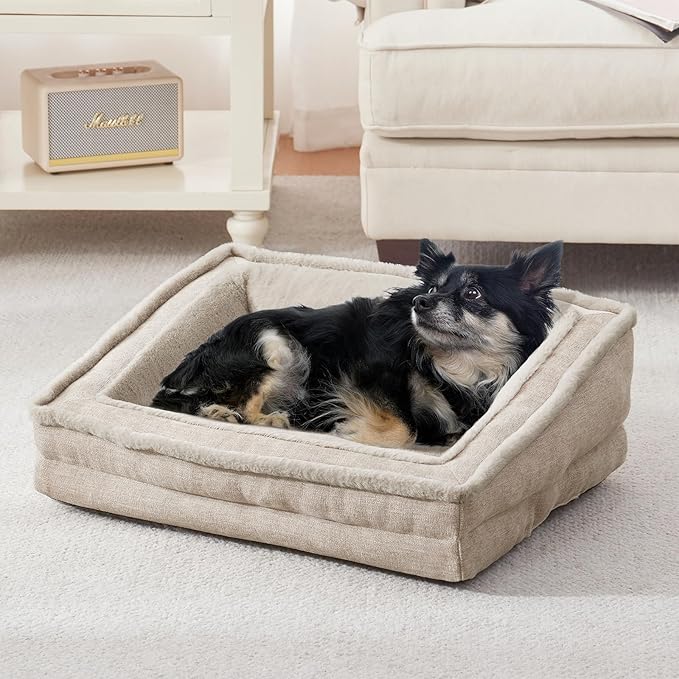 Laojin Balhen Cat Couch for Pets, Washable Cat Beds for Indoor Cats, Super Soft Plush Supportive Dog Couch Bed for Puppy and Kitten with Anti-Slip Bottom, 26inch, Beige