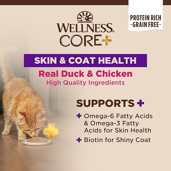 Wellness CORE+ Skin and Coat Health Pate Adult Canned Wet Cat Food, Natural, Protein Rich, Grain Free, Duck and Chicken Recipe, 2.8 oz, Pack of 12 Cans