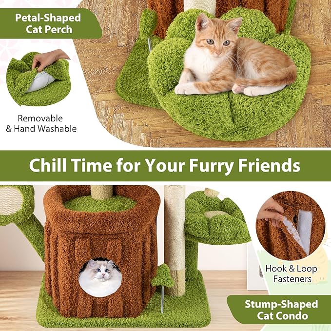 PETSITE Forest-Themed Cute Cat Tree, 36 Inches Tall with Sisal Scratching Posts and Board, Condo, Dangling Ball, and Spring Toy, Ideal for Indoor Small & Medium Cats (21.5 x 16 x 36 inches)