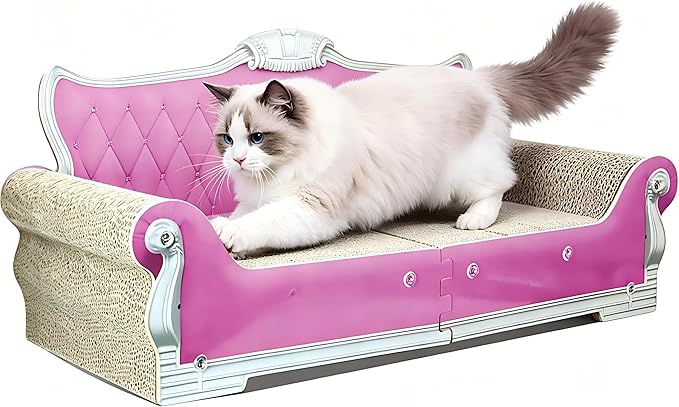 Extra Large Cat Scratcher Sofa Bed - 27.5" Durable Cat Couch & Scratching Board, Ergonomic Cardboard Lounge Furniture for Big Cats, Multi-Cat Households, Reversible Scratch Pad (Pink)