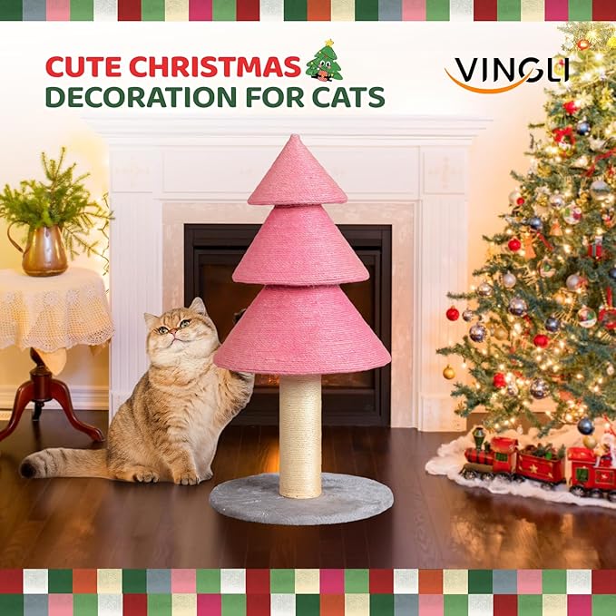 VINGLI 31.5in Christmas Tree Cat Scratcher Tower, Pink Cat Tree with Sisal Scratching Post & Soft Fleece Base, Stable Cat Scratcher for Kittens & Adult Indoor Cats