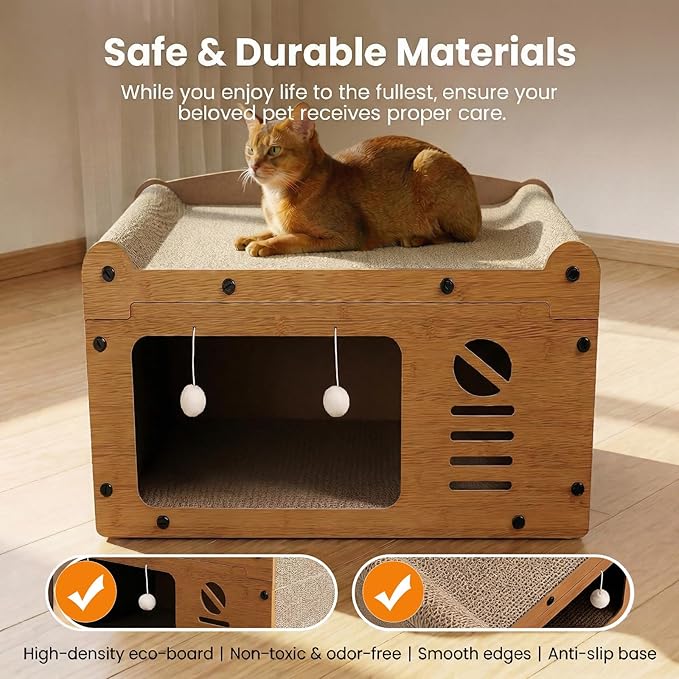 Luxury Cat Scratcher House, Retro TV Shaped Cat Condo, Large Cardboard Cat Scratching Board with Premium Dark Walnut Finish, Elegant Pet Furniture, 22x12x12in