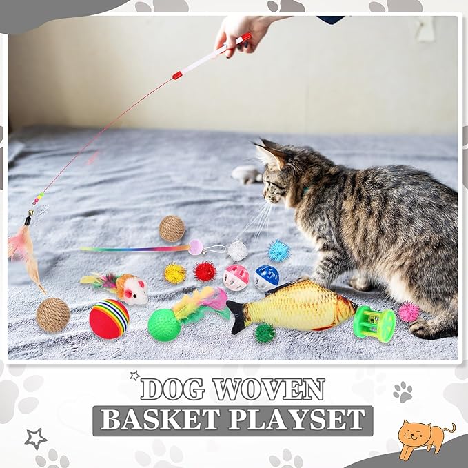 Zopeal 76 Pcs Graduation Cat Storage Basket Gift Toys Set Interactive Cat Toys Kitten Wand Colorful Flashing Balls Pet Crinkle Balls Attract Kitten to Swat, Hunt for Pet Indoor(Grey)