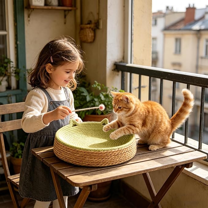 Woven Cat Scratch Bowl - Cotton Rope Round Cat Bed, Kitten Ear Design Scratching Board, Durable Claw Grinding Lounge Toy,