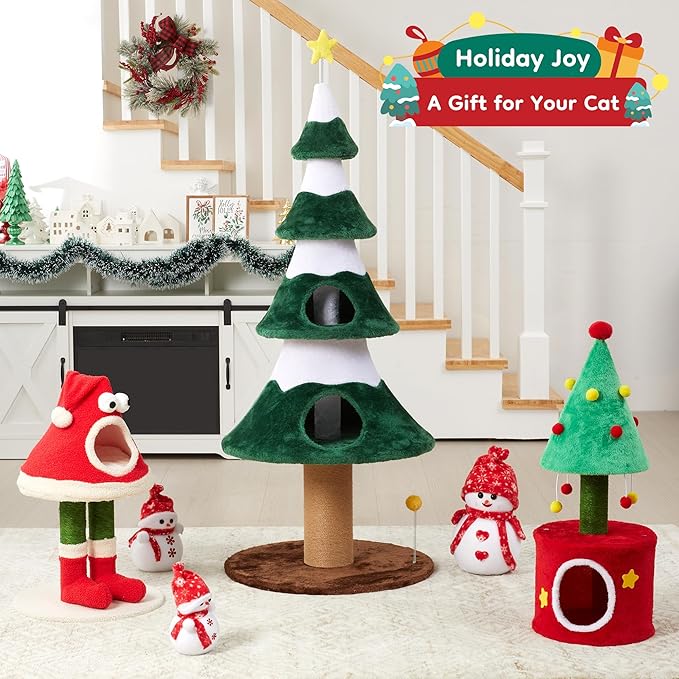 62" Cat Tree, Cat Tower with Heavy Duty Base and Scratching Posts, Multi-Level Plant-Like Cat Furniture, Sisal Cat Scratcher & Cozy Cat Condo, a Holiday Favorite for Indoor Cats,Green